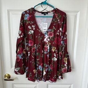 Suzanne Betro Burgundy Floral V-Neck Empire-Waist Tunic Size XL